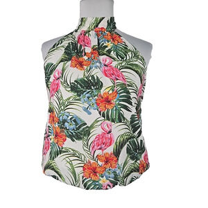 Rachel Zoe Tropical Print Chiffon Lined Banded Bottom Halter Top XS